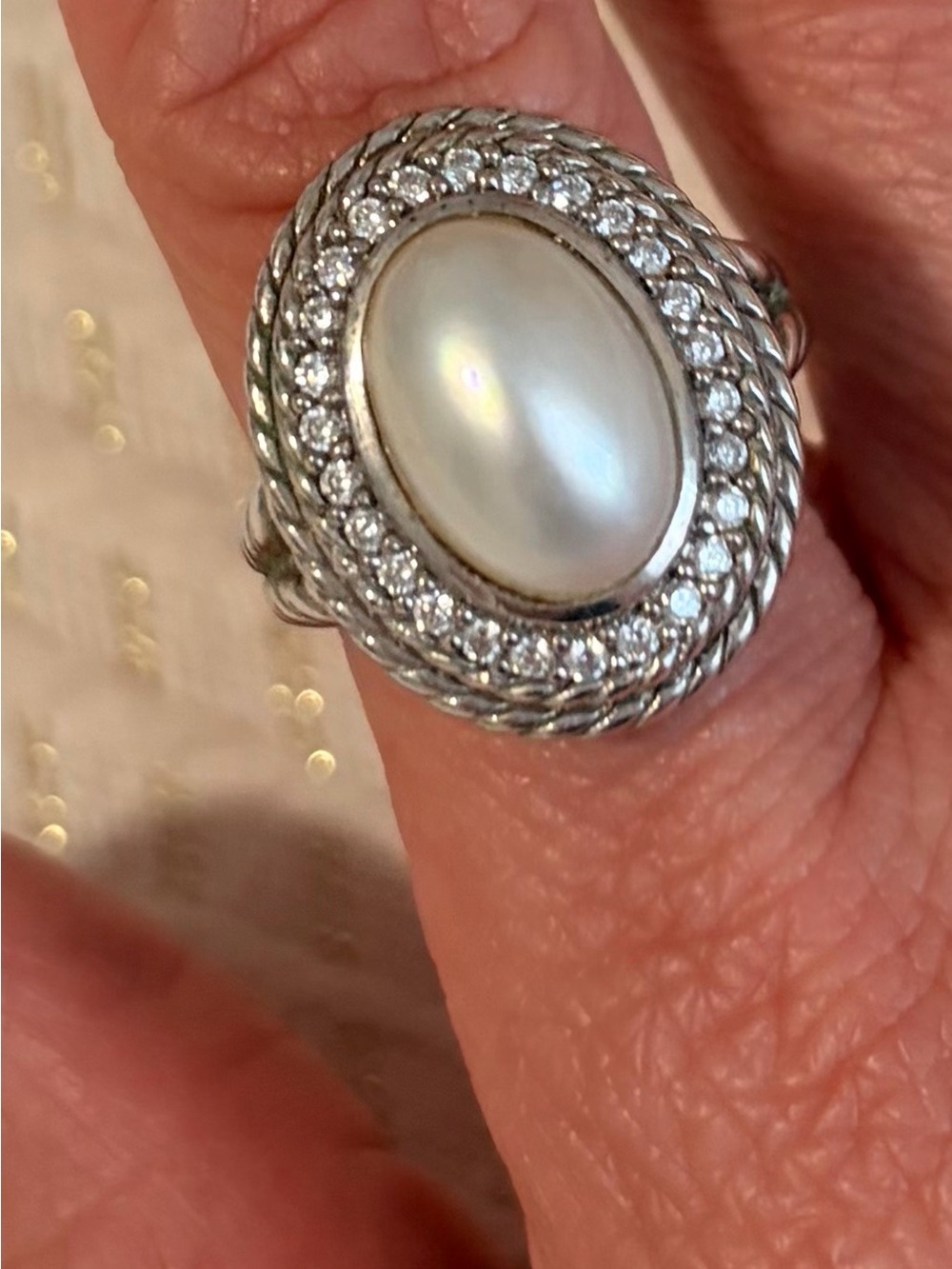 Judith Ripka Silver Ring with White Pearl and Clear Stones